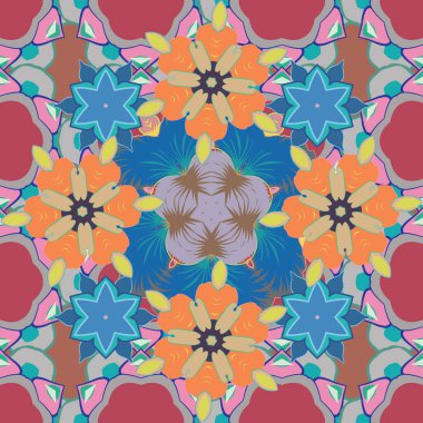 Tropikal yapraklar ve pembe, mavi ve gri renkli çiçeklerle vektörsüz arkaplan deseni.