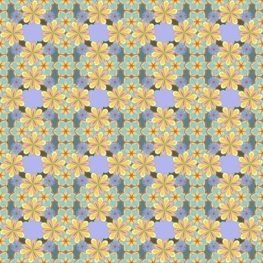 Raster illüstrasyonu. Sarı, bej ve mavi renklerde soyut sevimli çiçeklerin olduğu bahar kağıdı. Çiçeksiz desen.