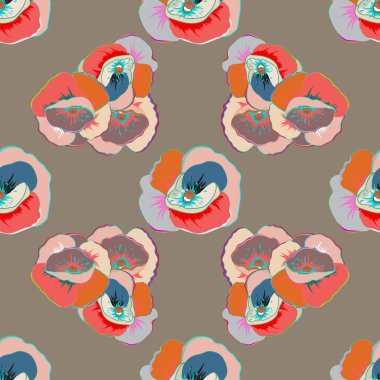 Küçük pembe ve mavi çiçeklerin çok renkli süslemesi, kumaş veya tekstil tasarımı için soyut, pürüzsüz bir desen..