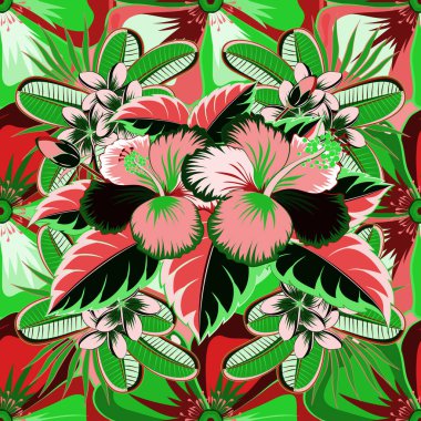 Motley vektör çizimi. Gri, yeşil ve kırmızı tropikal çiçeklerle kusursuz egzotik desen. Açan orman, kusursuz amber deseni.