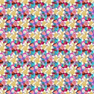 Vektör çiçeği pürüzsüz deseni pembe, yeşil ve mavi renklerde.