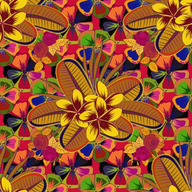 Karalama çizim stili, elle çizilmiş çizim. Tespih çiçekleri, yapraklar, dekoratif elementler, sıçramalar, lekeler ve sarı, kırmızı ve turuncu renkte düşüşler..