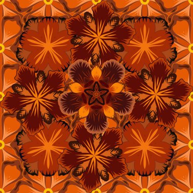 Kahverengi, kırmızı ve turuncu renklerde sulu boya buketi olan romantik, pürüzsüz desenler. Raster illüstrasyonu. Geçmiş, tekstil, ambalaj kağıtları, tebrik kartları için..