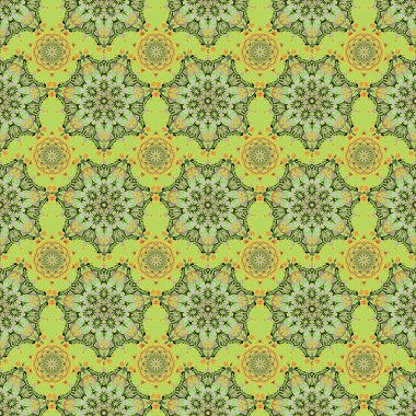 Barok klasik çiçek desenli, sarı ve yeşil renklerde kusursuz desen. Vektör çizimi. Şatafatlı klasik süs, duvar kağıtları, baskı, tekstil veya kumaş için kraliyet Victoria dönemi dokusu.