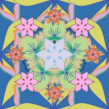 Moda baskıları için zarif bir şablon. Sarı, mavi ve bej renkli küçük çiçeklerle kusursuz desen. Ditsy çiçekli arka plan. Küçük çiçekte şirin desen.