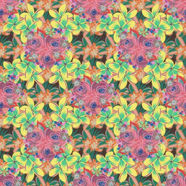 Şirin gül çiçekleriyle kusursuz çiçek desenleri ve yeşil, pembe ve sarı yapraklarla yapraklar. Vektör illüstrasyonu.