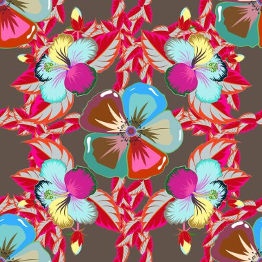 Çiçeklerle suluboya kusursuz desen. Dekorasyon ve tasarım için güzel bir desen. Mavili, pembe ve kahverengi renkli moda baskı. Enfes desenler, çiçekli suluboya çizimler, klasik tarz..