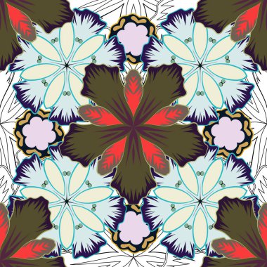 Çiçekleri ve yaprakları mor, pembe ve mavi renklerde olan kusursuz çiçek deseni.