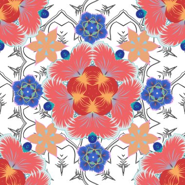 Vektör çizimi. Çiçeksiz, pembeli, sarı ve mavi renkli desenler..