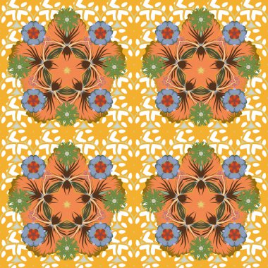 Çiçekler ve yapraklar sarı, turuncu ve beyaz renklerde vektörsüz desen. Yatak çarşafları, ceket, paket tasarımı, kumaş ve moda kavramları için tekstil baskısı. Suluboya çiçek arkaplanı.