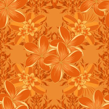 Geleneksel doğulu desensiz şal deseni. Kumaş, tekstil ve ambalaj kağıtları için dekoratif süs. Turuncu renkli zarif çiçek duvar kâğıdı. Plumeria çiçekleriyle vektör çizgili, pürüzsüz desen
