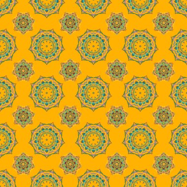 Klasik lüks damaske süsü. Duvar kağıtları, tekstil ve ambalaj için kraliyet Victoria dönemi kusursuz dokusu. Vektör damaskesiz desen yeşil, sarı ve bej renklerde. Enfes barok şablonu.