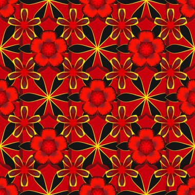 Ambalaj kağıdı, baskı, kumaş ya da tekstil için modern geometrik kusursuz desen. Eski bir süs. Tasarımınız için vektör kırmızı, turuncu ve sarı desen.