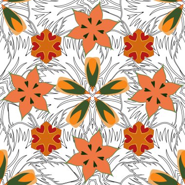 Gri, yeşil ve turuncu ızgaralı kusursuz desen. Vintage süsün vektör kare bileşimi.