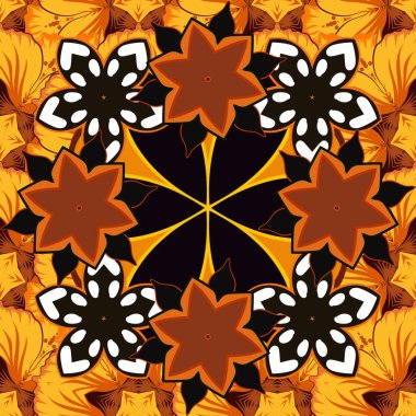 Sarı, turuncu ve siyah renkli vektör çiçek deseni. Çizgili arkaplanda suluboya desensiz.