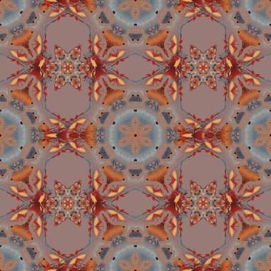 Bej, kahverengi ve gri renklerde. Ikat damaske desensiz arkaplan fayansı. Vektör illüstrasyonu.