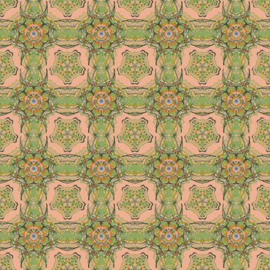 Tatlı vektör kış tasarımı. Mutlu gülümseyen yeşil, sarı ve bej kar taneleri pürüzsüz desen. Daireler ve noktalarla süslenmiş kar taneleri. Noel ve Yeni Yıl teması.