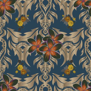 Karalama çizim stili, elle çizilmiş çizim. Tespih çiçekleri, yapraklar, dekoratif elementler, sıçrama, lekeler ve kahverengi, bej ve mavi renkte damlayan vektörsüz çiçek deseni..