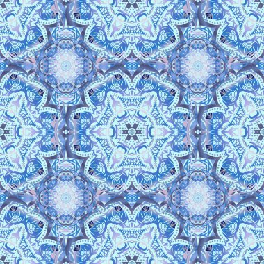 Damask, mavi renklerle kusursuz desen. Kumaş, duvar kağıdı, arkaplan, davetiye, ambalaj ve kitap kapakları için tasarım. Doğulu tarzı. Vektör vintage çiçek süsü. El çizimi illüstrasyon.