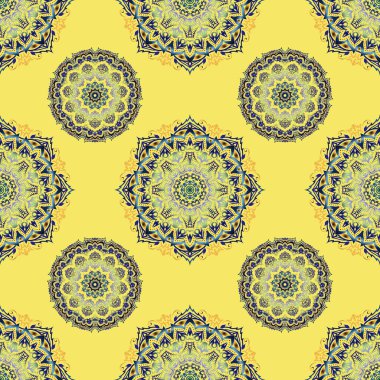 Vektör kusursuz desen. Süslü sınır. Kusursuz kumaş deseni, gri, yeşil ve sarı klasik duvar kağıdı..