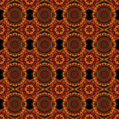 Turuncu, kahverengi ve kırmızı kar taneleriyle Doodle tarzında kusursuz bir Noel modeli. Kağıt ürünleri, ambalaj, tekstil.