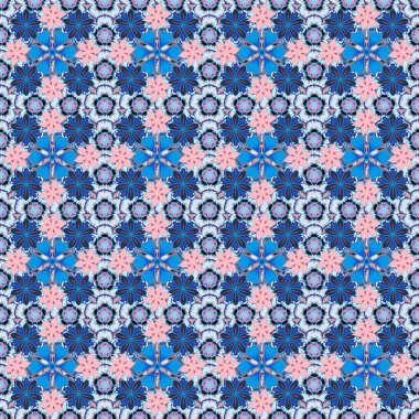 Motley ızgarası. Mor, pembe ve mavi elementlerle vektörsüz desen.