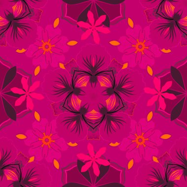 Kırmızı, morumsu ve mor renkli şirin çiçeklerle kusursuz çiçek deseni. Vektör illüstrasyonu.