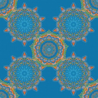 Kusursuz damaske deseni. Vektör çizimi. Yeşil, mavi ve turuncu renkli Victoria dönemi arkaplanı..