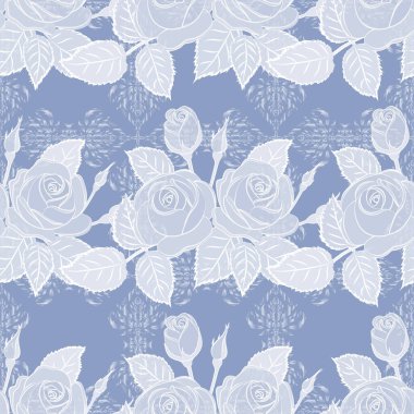 Tekrarlayan gül çiçekleri ve yeşil yapraklar deseni. Mavi, beyaz ve gri renklerde, modern çiçeksiz desen. Çiçek izi.