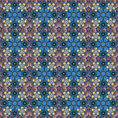 Sarı, mavi ve kahverengi renkli çiçek motifleri ile soyut zarafet deseni.