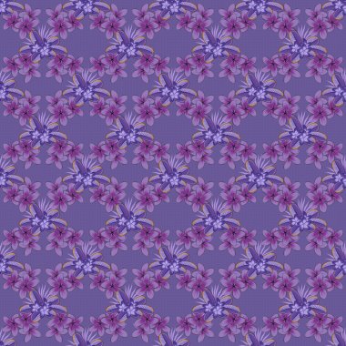 Raster illüstrasyonu. Mor, kahverengi ve mavi renklerde biçimlendirilmiş plumeria çiçekleriyle kusursuz çiçek deseni..