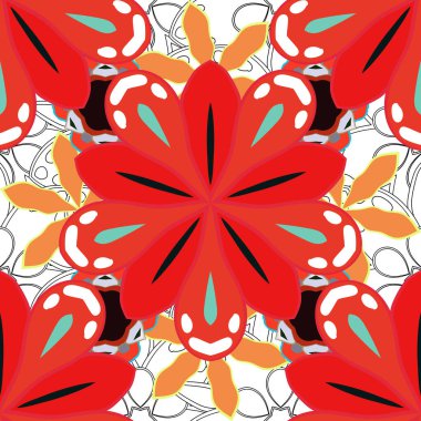 Klasik mavi, kırmızı ve turuncu süslemeli vektörsüz desen.