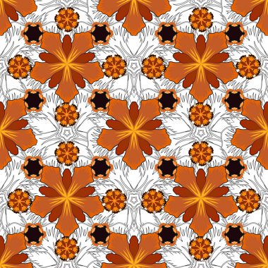 Kahverengi, gri ve turuncu renkli süslemeleri olan vektörsüz desen.