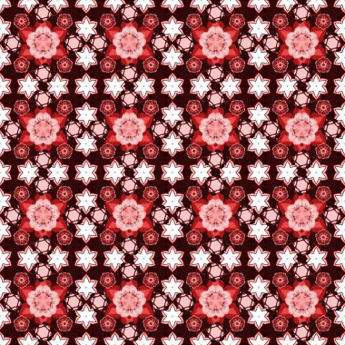 Vektör çizimi. Kırmızı ve beyaz renklerde soyut sevimli çiçeklerin olduğu bahar kağıdı. Çiçeksiz desen.