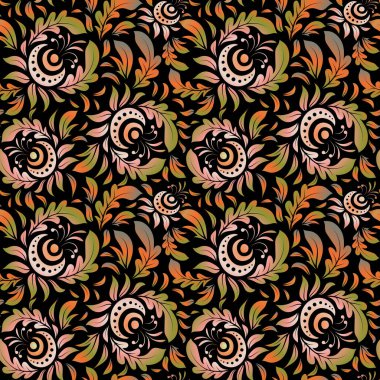 Doğum günü kartı, davetiye ya da afiş için iyidir. Dekoratif simetri arabesk. Vektör çizimi. Ortaçağ çiçek desenli. Siyah arkaplanda çok renkli ve pürüzsüz desen.