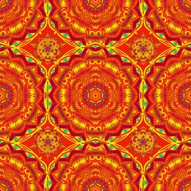 Sarı, turuncu ve kırmızı kar tanelerinin ve noktaların kusursuz deseni. Sarı, turuncu ve kırmızı renklerde vektör tasarımı.