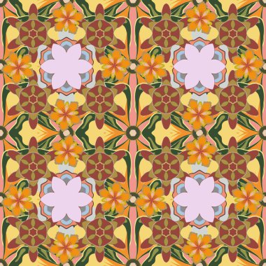 Geleneksel klasik vektör modeli. Kahverengi, yeşil ve sarı renkli barok tarzında kusursuz bir doğulu süsü..