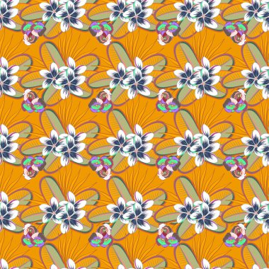 Çiçekler ve yapraklar turuncu ve pembe renklerde vektörsüz desen. Suluboya efektli çiçek arkaplanı. Yatak çarşafları, ceket, paket tasarımı, kumaş ve moda kavramları için tekstil baskısı.