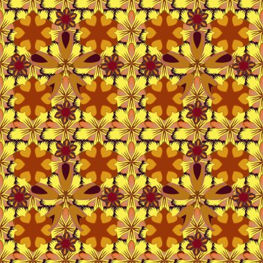 Turuncu, kahverengi ve sarı renklerde kusursuz desen. El çizimi soyut, dandik çiçekler. Küçük çiçeklerin içinde sevimli bir çiçek deseni..