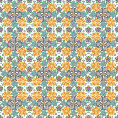 Vektör çizimi. Parlak, güzel, kusursuz bir arka plan. Yeşil, turuncu ve beyaz renkli, soyut, sevimli çiçek deseni.