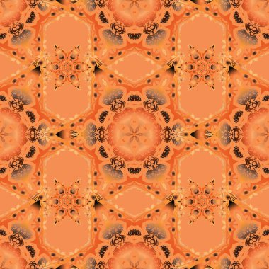 El yapımı vektör çizimi. Kumaş, tekstil, iç dekorasyon kırmızı, turuncu ve kahverengi. Vintage dikişsiz desen.