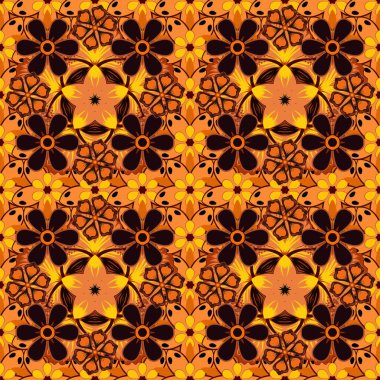 Çiçekli süs eşyası. Moda tekstili ve kumaşı için nakış. Siyah, kahverengi ve turuncu renkli güzel çiçeklerle nakışsız desen.