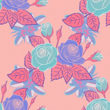 Gül çiçekleri ve yeşil yaprakları bej, mavi ve pembe renklerde olan soyut zerafet deseni..