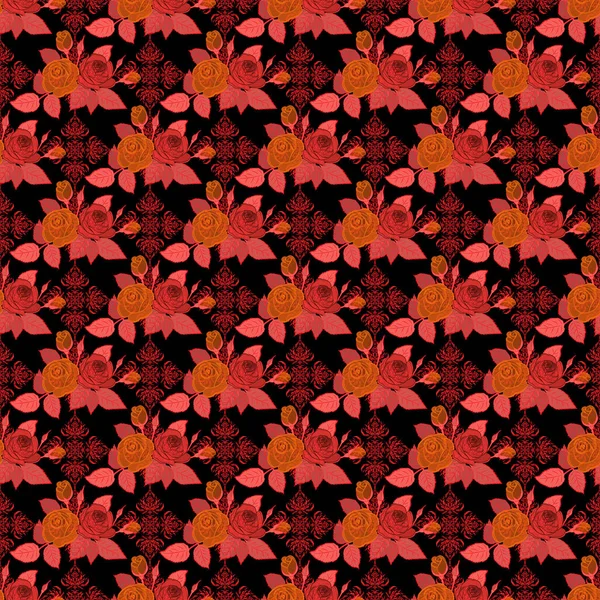 Бесшовный Рисунок Коричневыми Красными Оранжевыми Цветами Векторная Цветочная Иллюстрация Винтажном — стоковый вектор