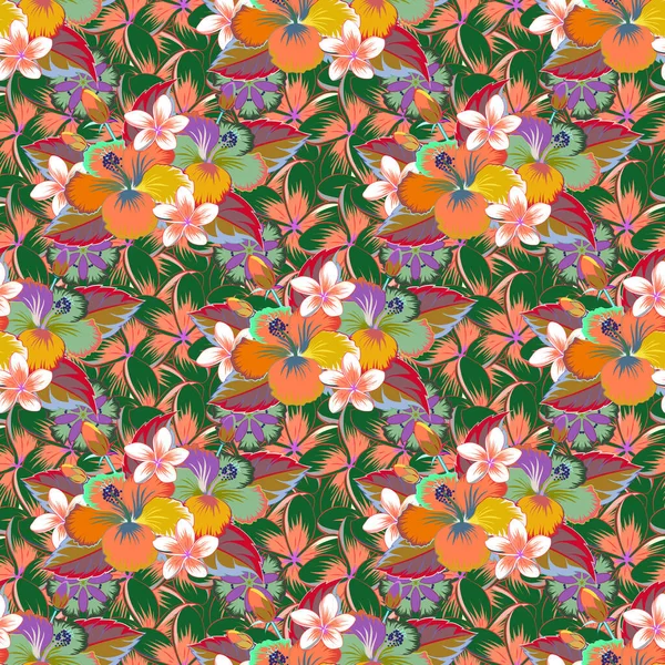 Illustration Hétéroclite Modèle Exotique Sans Couture Avec Nombreuses Fleurs Tropicales — Image vectorielle