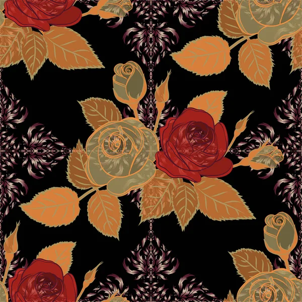 Rose Nahtloses Muster Auf Schwarzem Hintergrund Frühling Abstrakter Vektorhintergrund Mit — Stockvektor