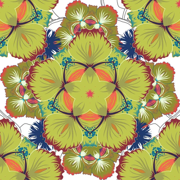アラベスク 曲線的なエレガントな様式の葉とアラビア風の抽象的な花の装飾を形成する巻物を交差させます ピンクと緑の色でヴィンテージ抽象ベクトル花シームレスパターン — ストックベクタ