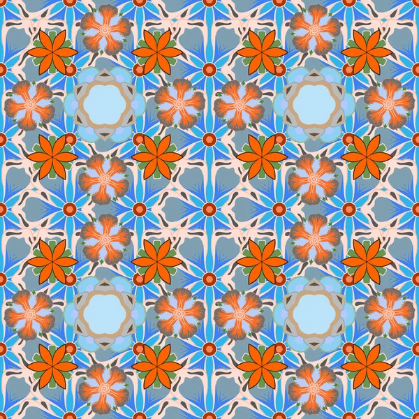 Nahtloses Blumenmuster Blauen Orangen Und Grauen Farben Raster Illustration — Stockvektor