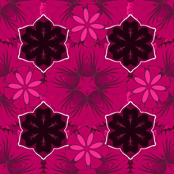 Векторная Иллюстрация Этнические Цветочные Бесшовные Рисунки Черном Пурпурном Фиолетовом Цветах — стоковый вектор