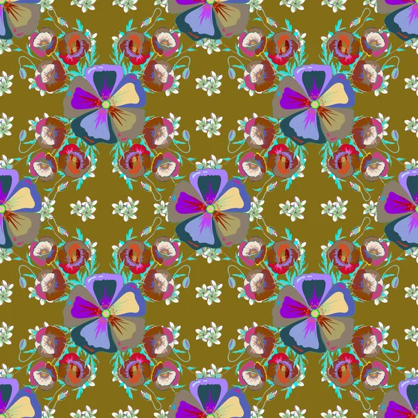 コスモスの花と水彩シームレスパターン 花の水彩画の絶妙なパターン ヴィンテージスタイル 装飾やデザインのための美しいパターン 茶色の背景にトレンディーなプリント — ストックベクタ